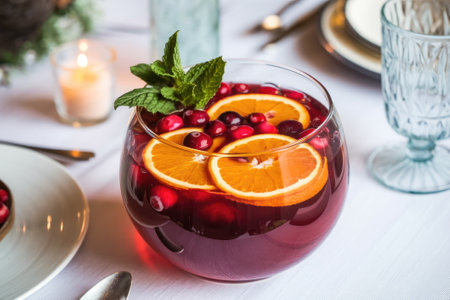 Refreshing Christmas cranberry and orange punch with mint in glass bowl on festive table setting with lit candleの素材
