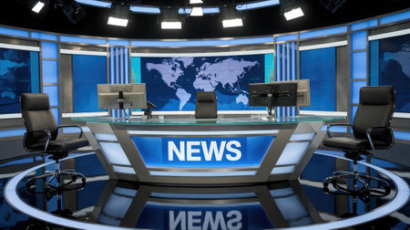 Modern virtual news studio set featuring a world map backdrop, illuminated desk, and swivel chairs, ready for a live broadcastの素材