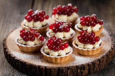 Small tartlets filled with cream and topped with red currants are arranged on a rustic wooden tray, dusted with powdered sugarの素材