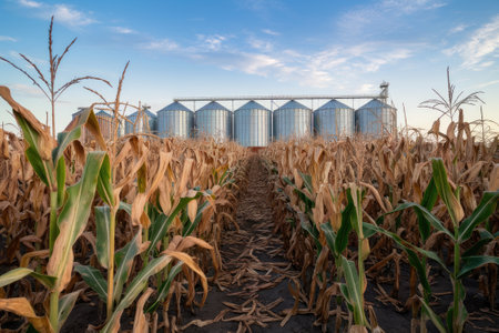 Ripe cornfield leading to silos under blue cloudy sky at sunsetの素材