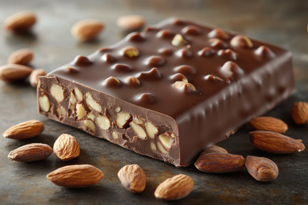 Gourmet chocolate bar with almonds and nuts on a metal surface, creating a tempting treat for chocolate loversの素材