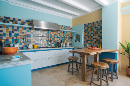 Interior of a contemporary kitchen featuring vibrant mosaic tiles, white cabinets, and a rustic wooden table with stoolsの素材