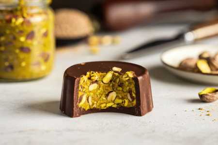 Chocolate candy with pistachio paste filling bitten on a marble table with more filling and pistachios in the backgroundの素材