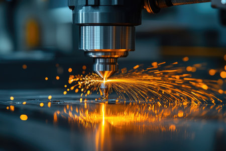 Close-up of industrial laser cutter emitting sparks while processing sheet metal, showcasing precision and advanced manufacturing technologyの素材