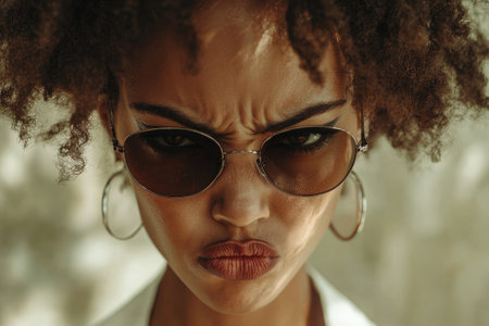 Close-up of a young woman frowning and showing displeasure while wearing sunglassesの素材