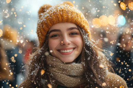 Portrait of cheerful young woman wearing knitted hat and scarf enjoying snowfall in winter city during Christmas holidaysの素材