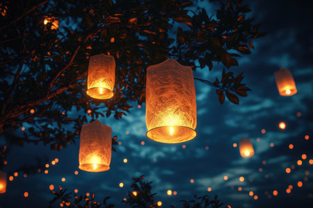 Floating sky lanterns illuminating the night sky during the yi peng festival in Thailand, creating a magical atmosphereの素材