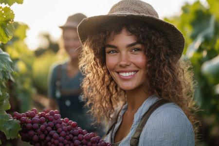 Happy young woman farmer smiling and holding a bunch of red grapes during harvest in a vineyardの素材