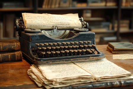 Antique typewriter with handwritten pages in a library setting evokes storytelling, journalism, and literature of the pastの素材