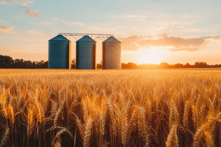 Metal grain silos standing in a ripe wheat field, illuminated by the warm glow of the setting sunの素材