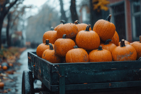 Orange pumpkins on a wooden cart are getting wet on a rainy autumn dayの素材