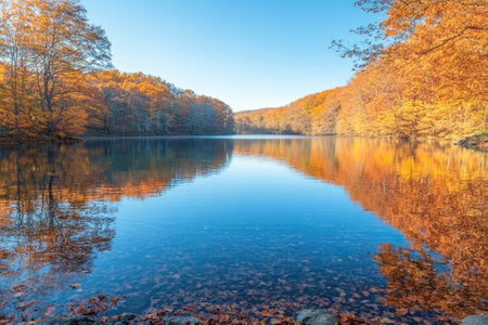 Colorful autumn foliage is reflected on a serene lake in a tranquil forestの素材