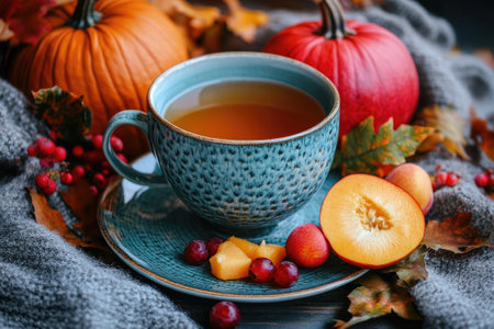 Steaming cup of tea is surrounded by pumpkins, a sliced peach, and autumn leaves, creating a cozy and inviting atmosphereの素材