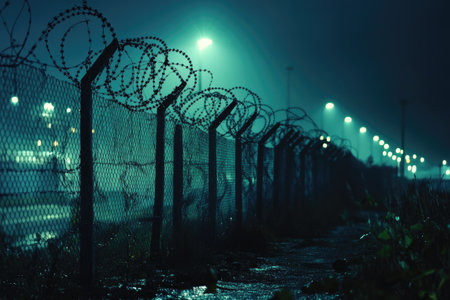 Barbed wire fence is protecting property at night as lights illuminate the foggy skyの素材