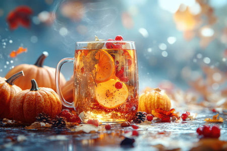 Glass mug filled with hot tea, cranberries, orange slices, and autumn leaves sits on a table with pumpkins and fall foliageの素材