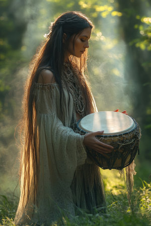 Beautiful shamanic woman wearing a bohemian dress, holding a drum in a forest with sunlightの素材