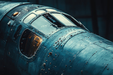 Rusted and weathered military jet showing details of the canopy and rivetsの素材
