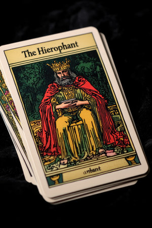 The hierophant card from a tarot deck is laying on a black velvet surfaceの素材