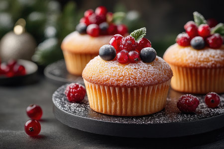 Delicious muffins decorated with fresh berries and mint, perfect for a festive dessertの素材