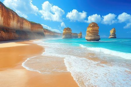 Turquoise ocean water splashing on the shore with the iconic twelve apostles limestone stacks rising from the sea on a sunny dayの素材
