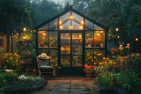 Straw hat is resting on a wooden chair in the middle of a greenhouse full of plants and flowersの素材