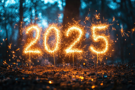 Celebrating the new year 2025 with sparklers in the forest at nightの素材