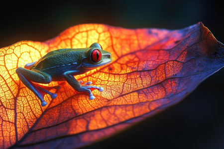 Red-eyed tree frog is standing on a large leaf glowing in the darkの素材