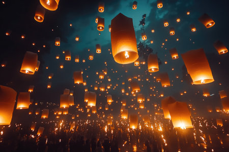 The crowd releases hundreds of floating lanterns into the night sky, creating a beautiful and ethereal spectacleの素材