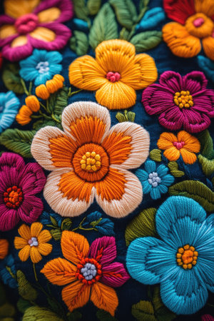 Colorful floral embroidery forming a floral pattern is laying on a black fabric, showing the details of its textureの素材