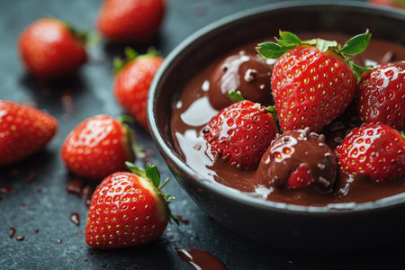 Several fresh strawberries dipped in melted chocolate fondue in a bowlの素材