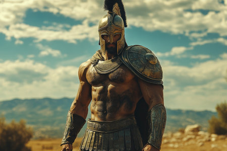 Spartan warrior wearing traditional armor is posing in a fighting stance on a battlefieldの素材