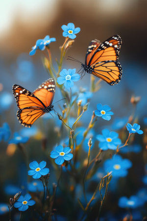 Two monarch butterflies collecting nectar from blue forget-me-not flowersの素材