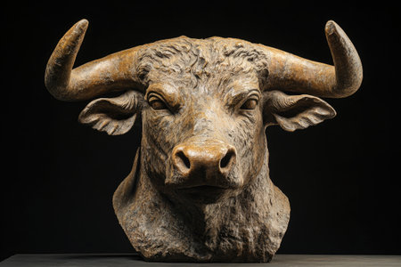 Stone sculpture of a bull head is resting on a dark surface with a black backgroundの素材
