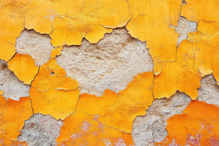 Old, cracked yellow paint is peeling off a wall, revealing the concrete underneathの素材