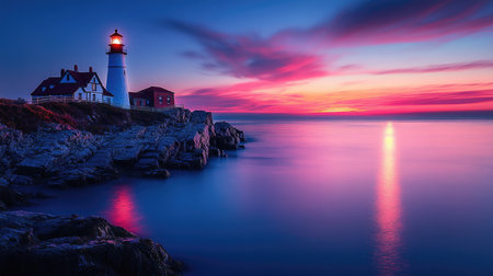 The sun is setting over the Atlantic ocean, casting a purple glow on the sky behind a lighthouseの素材