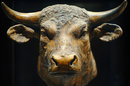 Stone sculpture of a bull head is resting on a dark surface with a black backgroundの素材