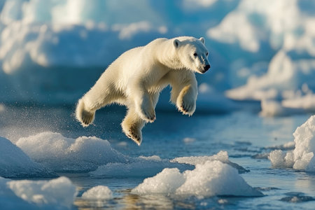 Polar bear leaping across icebergs in a stunning display of agility and powerの素材