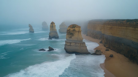 Ocean waves crashing against the twelve apostles rock formations on a foggy day along the great ocean road in Victoria, Australiaの素材