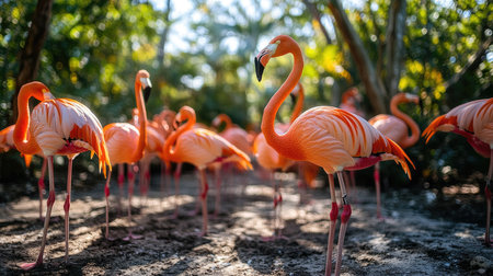 Flock of flamingos is standing together on a sunny dayの素材