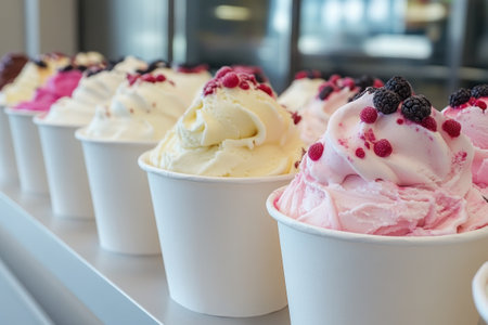 Ice cream cups with different flavors and toppings are waiting to be served to customersの素材