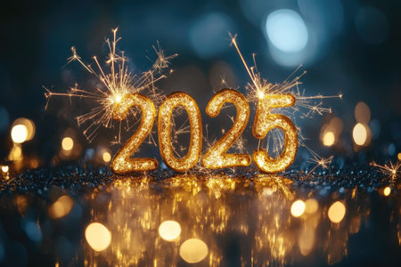 Golden glitter numbers 2025 with sparkling firework on a shiny background celebrating new year's eveの素材