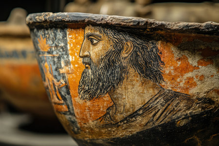 Ancient Greek pottery with intricate paintings of people is surviving the passage of timeの素材