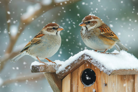 Two sparrows perched on a snow covered birdhouse are framed by falling snowの素材