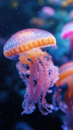 Jellyfish is gracefully swimming in an aquarium, its tentacles trailing behind itの素材