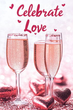 Glasses of sparkling wine are fizzing on a pink glitter background with hearts for a romantic Valentine's Day celebrationの素材