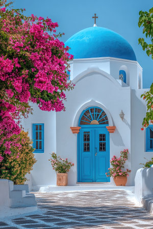 Whitewashed greek orthodox church with a blue dome, surrounded by vibrant bougainvillea flowersの素材