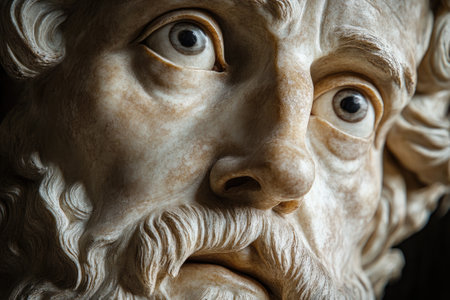 Close-up view showcasing the intricate details of an antique marble statue's face, highlighting its expressive eyes and weathered textureの素材