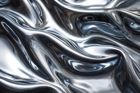 Wavy, smooth silver liquid surface forming abstract shapes, reflecting lightの素材