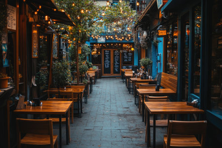 Wooden restaurant tables illuminated by string lights are waiting for customers in an empty alleywayの素材