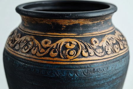 Close up of an ancient clay vase showing intricate floral ornamentationの素材